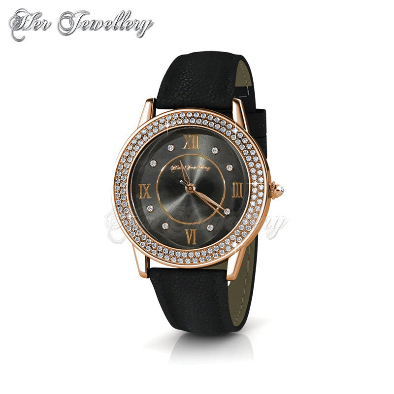 Swarovski Crystals Dawn Leather Watch (Black,Rose Gold) - Her Jewellery