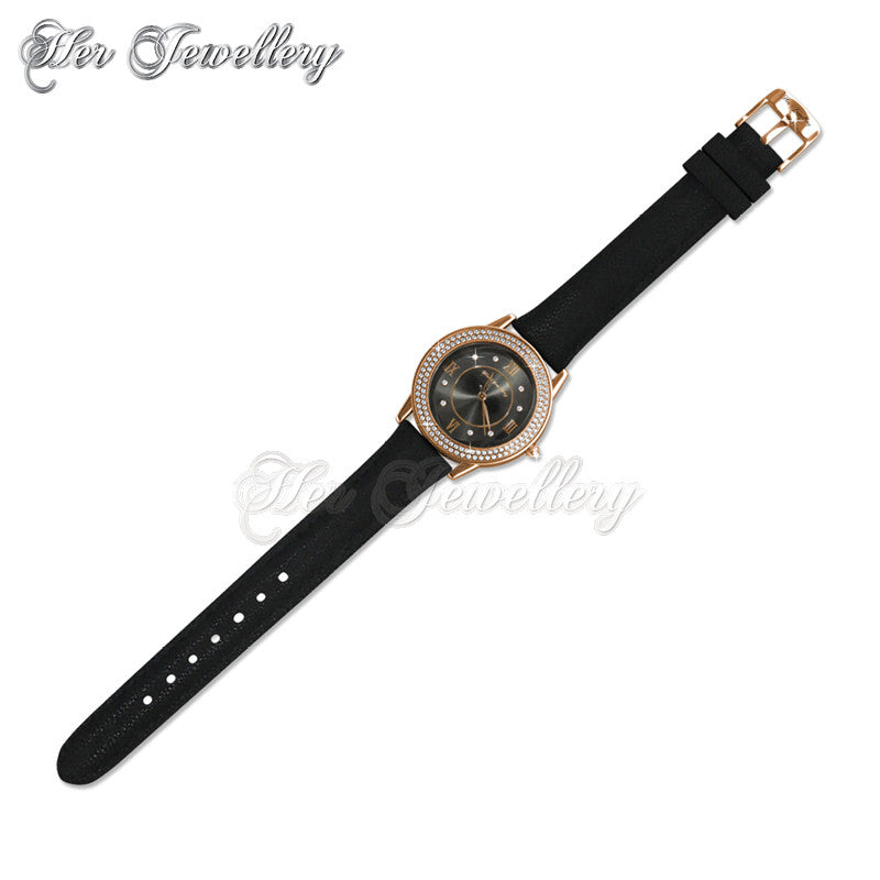 Swarovski Crystals Dawn Leather Watch (Black,Rose Gold) - Her Jewellery