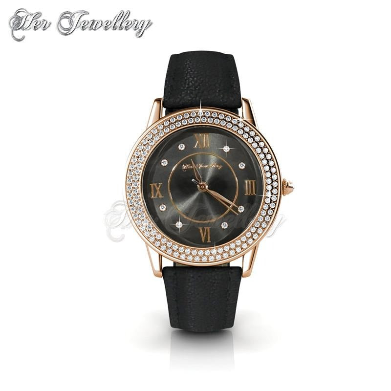 Swarovski Crystals Dawn Leather Watch (Black,Rose Gold) - Her Jewellery